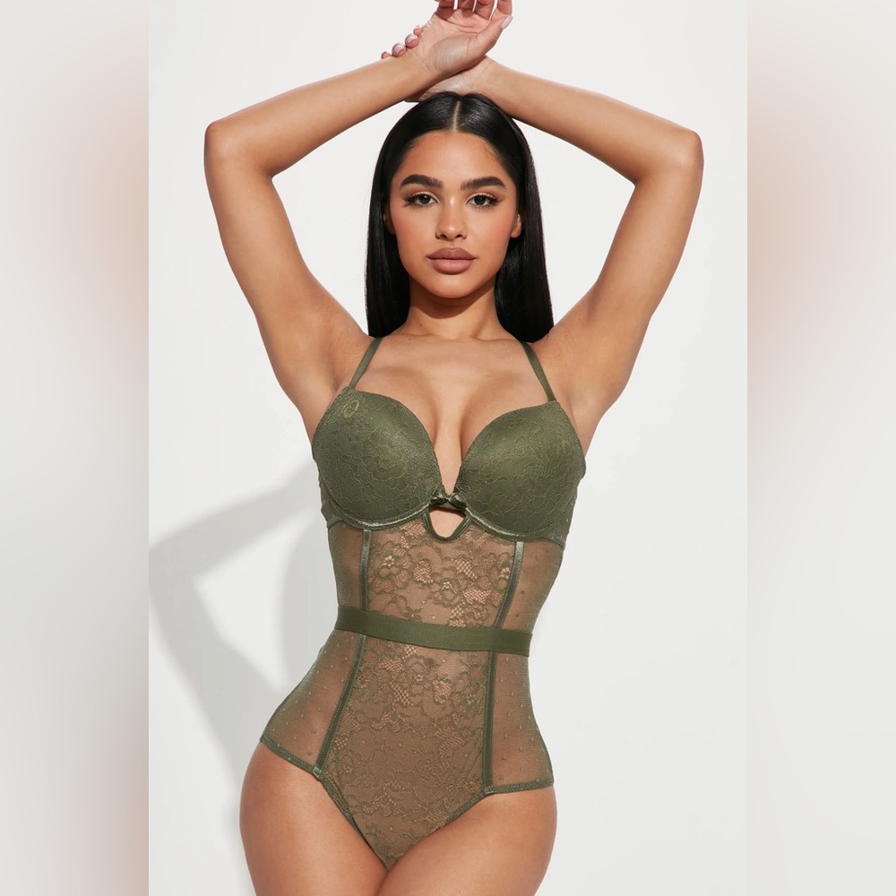 Olive green lace Teddy lingerie bodysuit